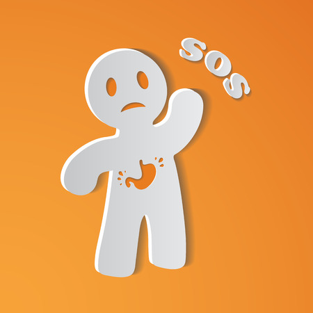 Sick Person Suffering From Stomach Ache With Placard Inscripted SOSのイラスト素材