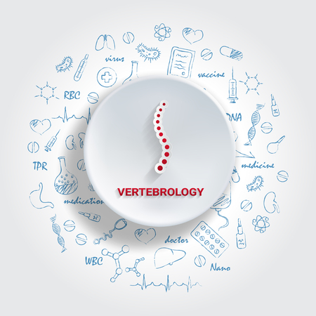Icons For Medical Specialties. Vertebrology Concept. Vector Illustration With Hand Drawn Medicine Doodle. Back, Pain, Backbone, Disk, Radiculitis, Spine Vertebraのイラスト素材