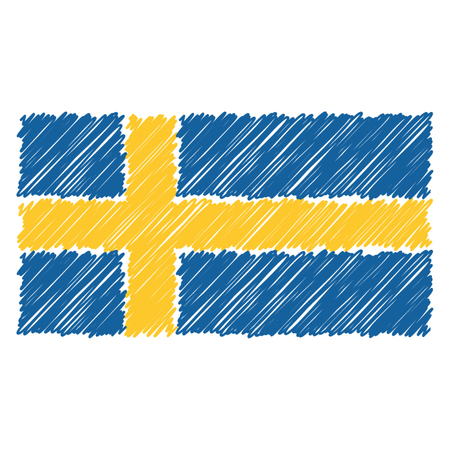 Hand Drawn National Flag Of Sweden Isolated On A White Background. Vector Sketch Style Illustration. Unique Pattern Design For Brochures, Printed Materials, Logos, Independence Dayのイラスト素材