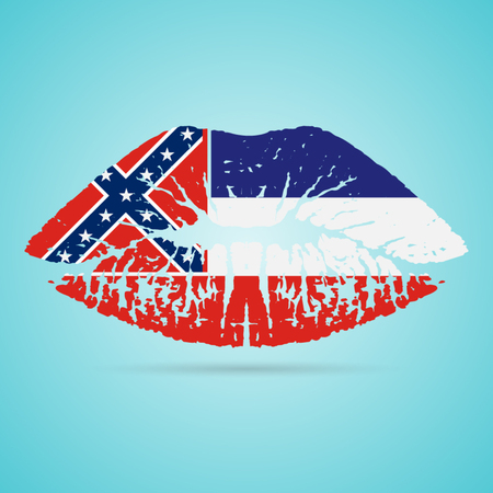 Mississippi Flag Lipstick On The Lips Isolated On A White Background. Vector Illustration. Kiss Mark In Official Colors And Proportions. Independence Dayのイラスト素材