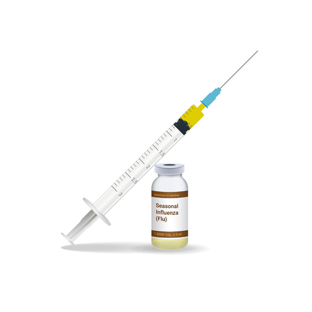 Immunization, Influenza Flu Vaccine Syringe With Yellow Vaccine, Vial Of Medicine Isolated On A White Background. Vector Illustration. Vaccination Healthcare Concept.のイラスト素材