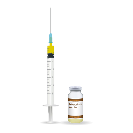 Immunization, Tuberculosis Vaccine Plastic Medical Syringe With Needle And Vial Isolated On A White Background. Vector Illustration. Vaccination Healthcare Concept.のイラスト素材