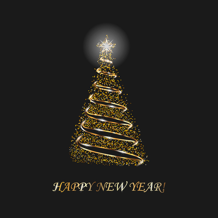 Christmas Tree 3d For Card. Black Background. Christmas Tree As Symbol Of Happy New Year, Merry Christmas Holiday Celebration. Sparkle Decoration. Bright Star Vector Illustrationのイラスト素材