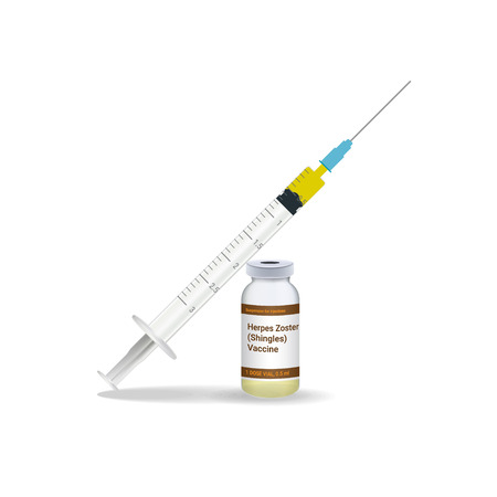Immunization, Shingles Vaccine Syringe With Yellow Vaccine, Vial Of Medicine Isolated On A White Background. Vector Illustration. Vaccination Healthcare Concept.のイラスト素材