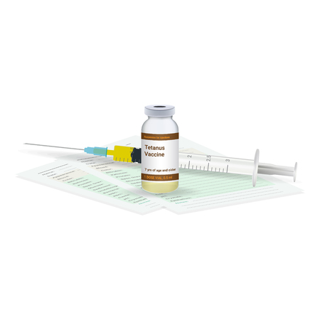 Immunization, Tetanus Vaccine Medical Test, Vial And Syringe Ready For Injection A Shot Of Vaccine Isolated On A White Background. Vector Illustration. Vaccination Healthcare Concept.のイラスト素材