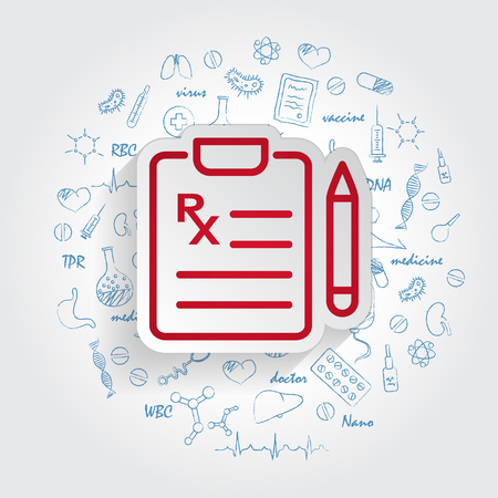 Medical Prescription Icon In Trendy Style on handdrawn healthcare doodles background. Medical Symbol For Your Design, Apps, Logo, UI. Vector Illustration, Eps10.のイラスト素材
