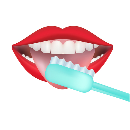 Vector image on a white background. how to brush your teeth and tongue rightly with a toothbrush. vector image on a white background. Healthy, white teeth.のイラスト素材