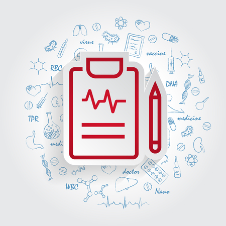 Medical Report vector icon for mobile application, button and website design. Illustration isolated on handdrawn healthcare doodles background. logo, app, infographicのイラスト素材