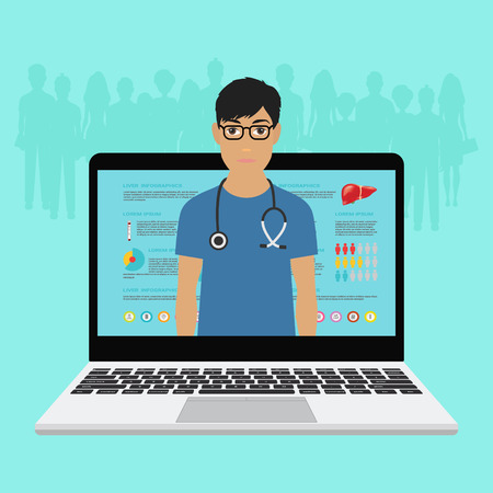 Online doctor consultation technology in laptop. Medical doctor in suit with stethoscope close up. Vector illustrationのイラスト素材