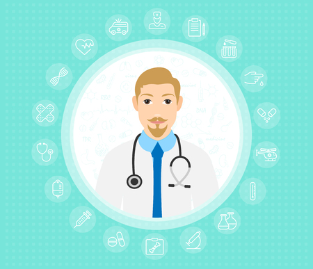 A friendly doctor in medical gown. vector flat design illustration isolated on backgroundのイラスト素材