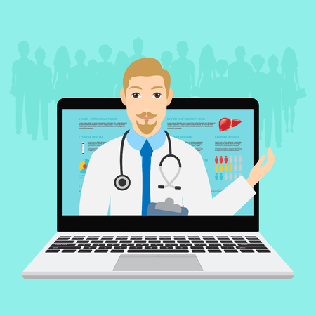 Doctor out of screen monitor. Computer service health. Modern healthcare design conceptsのイラスト素材