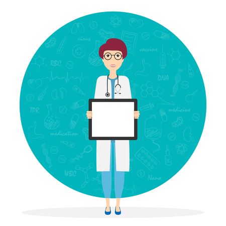 Woman doctor showing on the white board. Medical staff at the workplace. Stock vector illustration. Eps 10のイラスト素材