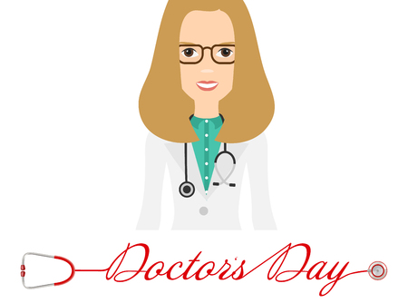 World Doctor s Day, logo with stethoscope and female doctor in glasses in a beautiful design. Vector illustration.のイラスト素材