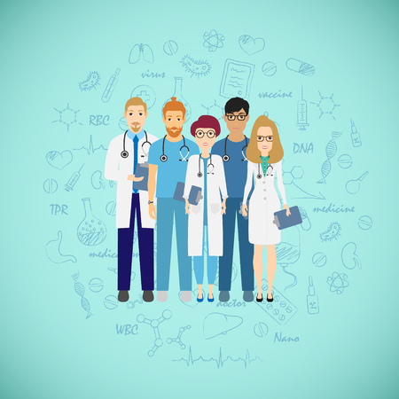 Medicine team concept with different doctors. Group of practitioner doctors young man and woman standing together. Consultation. Vector illustrationのイラスト素材