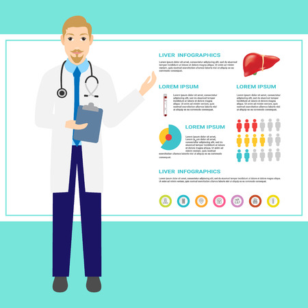 Check your internal organs health poster including a doctor cartoon characters and liver icon. Vector illustration in flat design, medical infographic elements, eps 10のイラスト素材