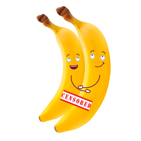 Two bananas with human faces embrace. Safe sex, STD prevention and AIDS awareness concept. Vector illustrationのイラスト素材