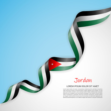 Vector banner in white and blue colors and waving ribbon with flag of Jordan. Template for poster design, brochures, printed materials, logos, independence day. National flagsのイラスト素材
