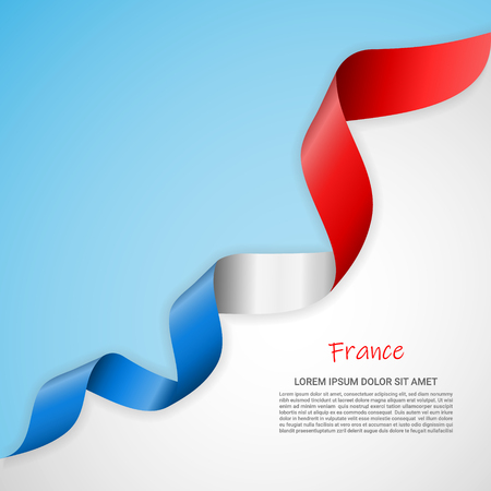 Vector banner in white and blue colors and waving ribbon with flag of France. Template for poster design, brochures, printed materials, logos, independence day. National flagsのイラスト素材