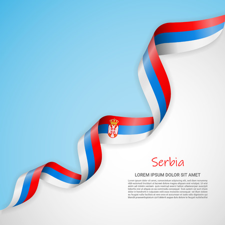 Vector banner in white and blue colors and waving ribbon with flag of Serbia. Template for poster design, brochures, printed materials, logos, independence day. National flagsのイラスト素材
