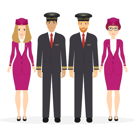 Welcome to travel by plane. Pilot, capitan, flying attendants, air hostess. Vector illustration cartoon character. Eps 10のイラスト素材