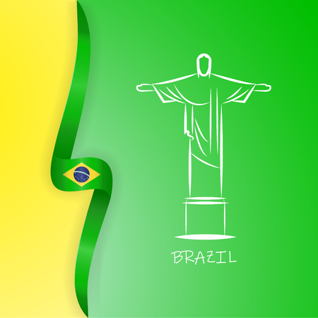Flag of Brazil, Federative Republic of Brazil. Statue of Christ the Redeemer, Rio de Janeiro. Bright. Colorful vector illustrationのイラスト素材