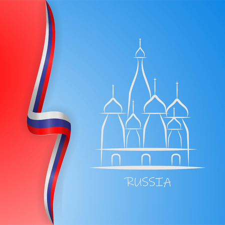 Illustration inscription Russia Moscow Kremlin and St. Basils Cathedral on background with the flag of Russia. Vector illustration, eps 10のイラスト素材