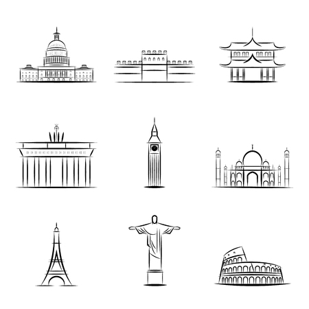 Sights of the countries of the world. Famous buildings and monuments of different countries and cities. Countries icon in set collection on sketch style vector symbol stock illustration.のイラスト素材