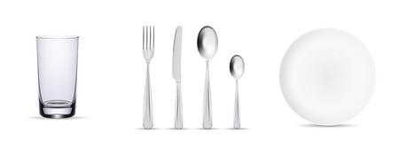 Realistic empty round plate, steel fork, spoon and knife on white background vector illustration, eps 10のイラスト素材