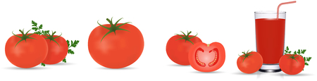 Tomato collection, tomato juice. Photo realistic fresh red ripe tomatoes with green leaves isolated on white background. 3d vector gradient mesh illustration. Vegetarian food. Vegetable theme design elements set.のイラスト素材
