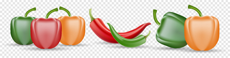 Vector Set of Chili Pepper and Colored Yellow Green and Red Sweet Bulgarian Bell Peppers, Paprika and Chili Isolated On Transparent Backgroundのイラスト素材
