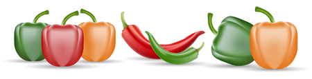 Vector Set of Chili Pepper and Colored Yellow Green and Red Sweet Bulgarian Bell Peppers, Paprika and Chili Isolated On White Backgroundのイラスト素材