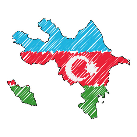 Azerbaijan map hand drawn sketch. Vector concept illustration flag, childrens drawing, scribble map. Country map for infographic, brochures and presentations isolated on white background. Vector illustration eps 10.のイラスト素材