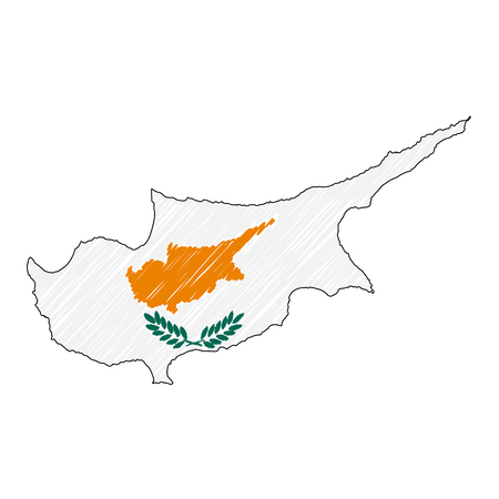 Cyprus map hand drawn sketch. Vector concept illustration flag, childrens drawing, scribble map. Country map for infographic, brochures and presentations isolated on white background. Vector illustration , eps 10.のイラスト素材