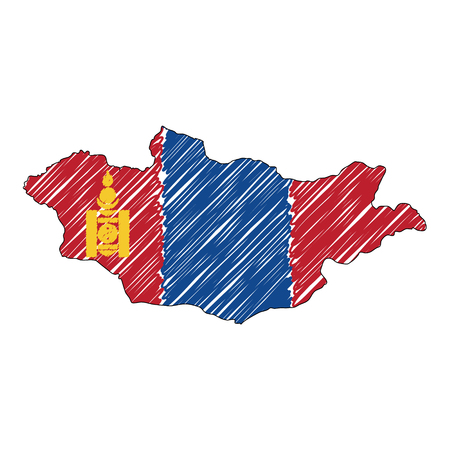 Mongolia map hand drawn sketch. Vector concept illustration flag, childrens drawing, scribble map. Country map for infographic, brochures and presentations isolated on white background. Vector illustration, eps 10.のイラスト素材