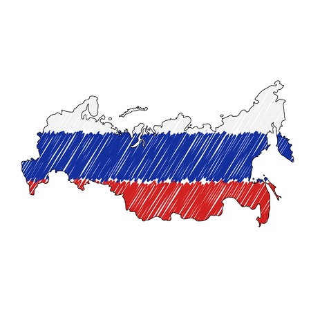Russia map hand drawn sketch. Vector concept illustration flag, childrens drawing, scribble map. Country map for infographic, brochures and presentations isolated on white background. Vector illustration , eps 10.のイラスト素材