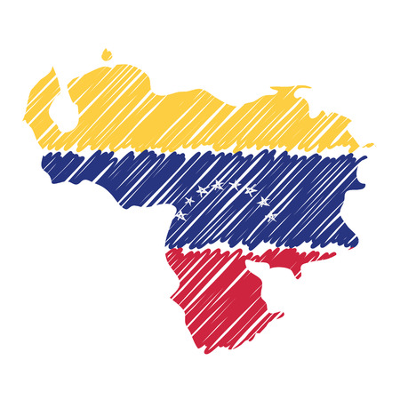 Venezuela map hand drawn sketch. Vector concept illustration flag, childrens drawing, scribble map. Country map for infographic, brochures and presentations isolated on white background. Vector illustration, eps 10.のイラスト素材