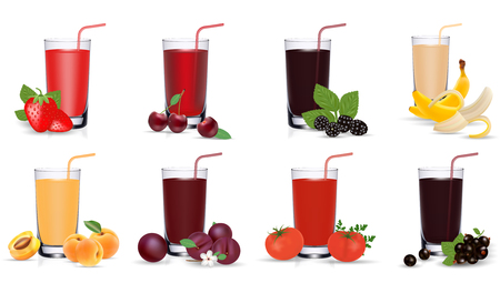 Fresh fruit and vegetable juice in glass. Set of vector icons.の写真素材