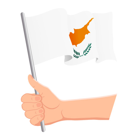 Hand holding and waving the national flag of Cyprus. Fans, independence day, patriotic concept. Vector illustration, eps 10.のイラスト素材