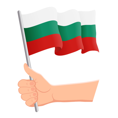 Hand holding and waving the national flag of Bulgaria. Fans, independence day, patriotic concept. Vector illustration, eps 10.のイラスト素材