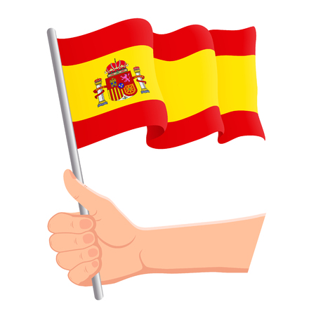 Hand holding and waving the national flag of Spain. Fans, independence day, patriotic concept. Vector illustration, eps 10.のイラスト素材
