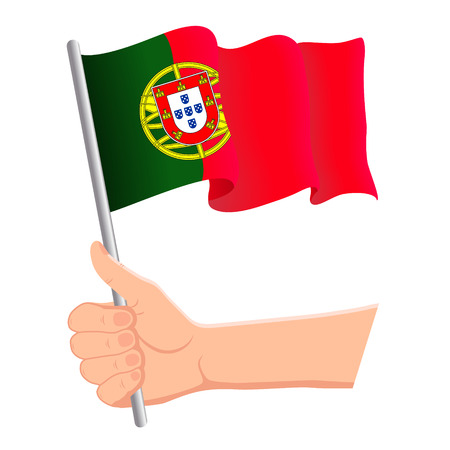 Hand holding and waving the national flag of Portugal. Fans, independence day, patriotic concept. Vector illustration, eps 10.のイラスト素材