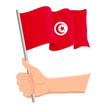 Hand holding and waving the national flag of Tunisia. Fans, independence day, patriotic concept. Vector illustration, eps 10.のイラスト素材