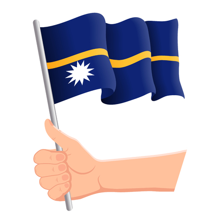 Hand holding and waving the national flag of Nauru. Fans, independence day, patriotic concept. Vector illustration, eps 10.のイラスト素材