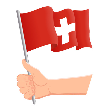 Hand holding and waving the national flag of Switzerland. Fans, independence day, patriotic concept. Vector illustration, eps 10.のイラスト素材
