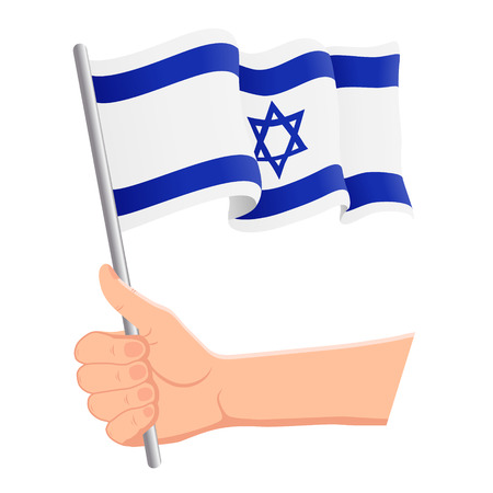 Hand holding and waving the national flag of Israel. Fans, independence day, patriotic concept. Vector illustration, eps 10.のイラスト素材