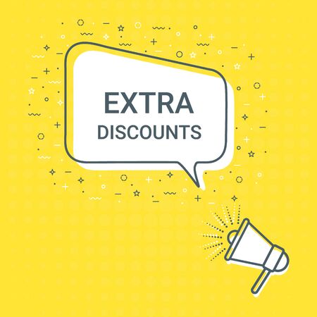 Megaphone With Extra Discounts Speech Bubble. Loudspeaker. Illustrations For Promotion Marketing For Prints And Posters, Menu Design, Shop Cards, Cafe, Restaurant Badges, Tags, Packaging etc. eps 10のイラスト素材