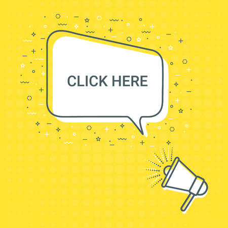 Megaphone With Click Here Speech Bubble. Loudspeaker. Illustrations For Promotion Marketing For Prints And Posters, Menu Design, Shop Cards, Cafe, Restaurant Badges, Tags, Packaging etc. eps 10のイラスト素材