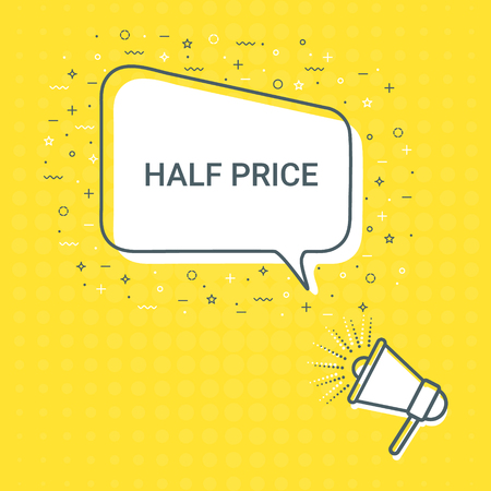 Megaphone With Half Price Speech Bubble. Loudspeaker. Illustrations For Promotion Marketing For Prints And Posters, Menu Design, Shop Cards, Cafe, Restaurant Badges, Tags, Packaging etc. eps 10のイラスト素材
