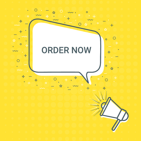 Megaphone With Order Now Speech Bubble. Loudspeaker. Illustrations For Promotion Marketing For Prints And Posters, Menu Design, Shop Cards, Cafe, Restaurant Badges, Tags, Packaging etc. eps 10のイラスト素材