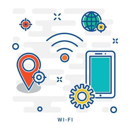Internet, wifi concept with thin line icons, e-mail, wi fi, chat, smartphone, share, cloud computing, seo, download, upload, stream, global connection. Modern vector illustration for web page. Eps 10のイラスト素材